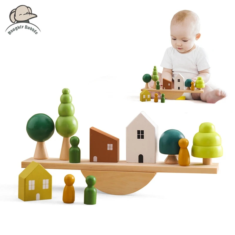 Montessori Sensory Stacking Toys for Infants - Wooden Forest House Replicas for Early Childhood Education and Play