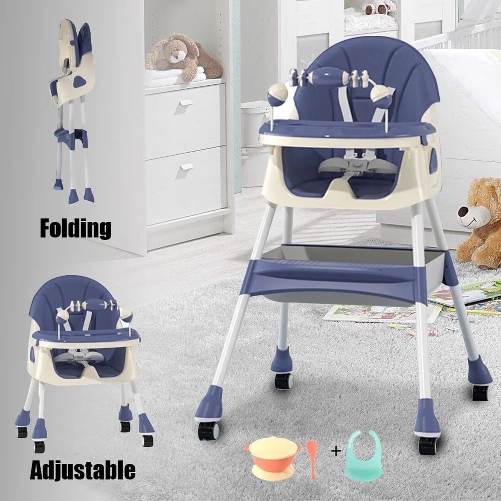 4-in-1 Convertible Baby High Chair with Five-Point Safety Harness, Dinner Plate, and Toy Rack - Portable Toddler Dining Chair in Purple