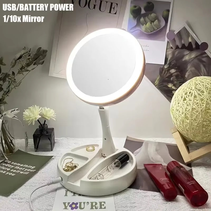 Dry Battery/Usb Dual Purpose Double-Sided Mirror LED Makeup Mirror Portable Makeup Mirror Makeup Light with 10Xmagnification