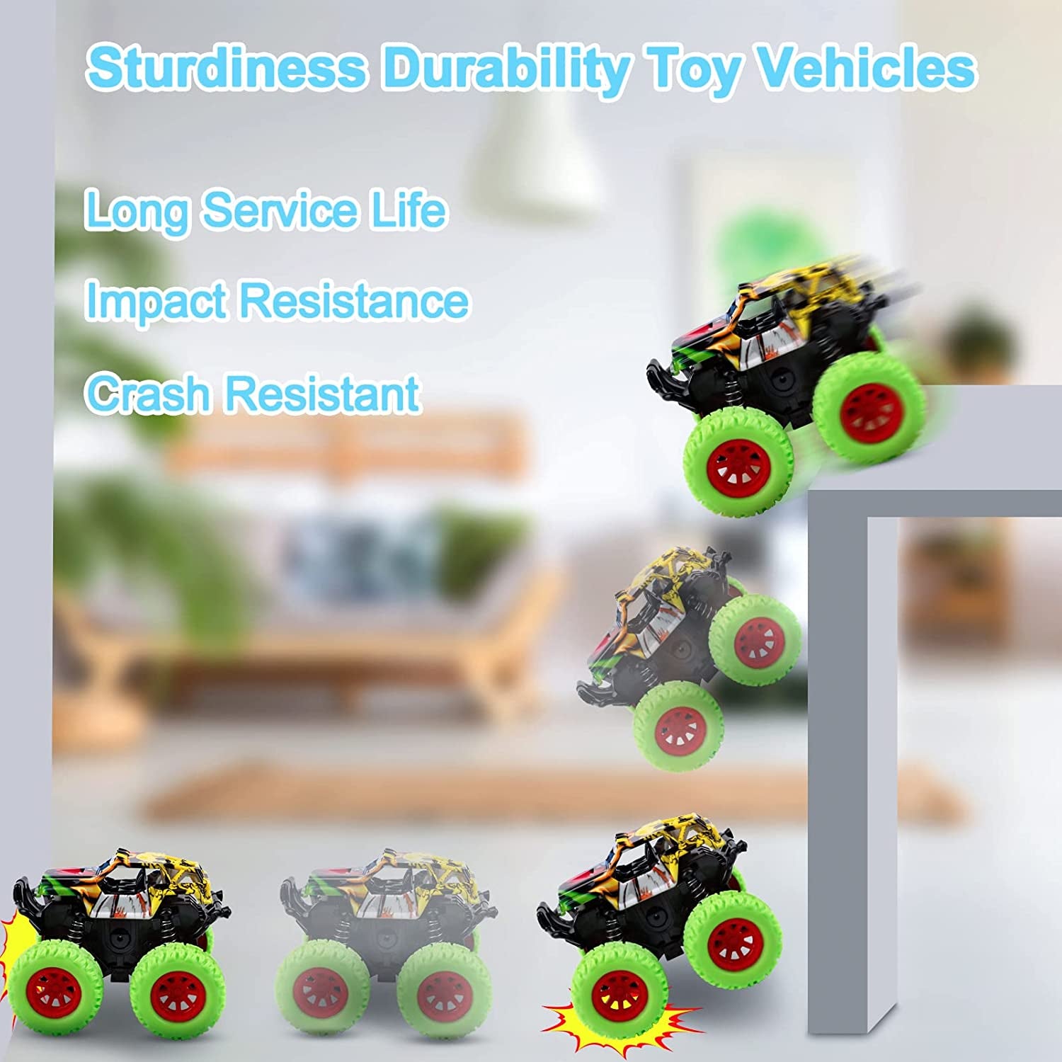 Monster Truck Toys for Children Ages 2-4, Friction-Powered Stunt Cars for Toddlers 1-3, 360° Rotating Push-and-Go Vehicles (2-Pack - Blue and Green)