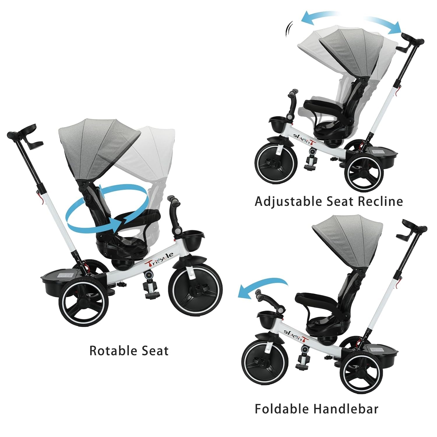 6-in-1 Convertible Baby Tricycle with Detachable Guardrail, Adjustable Canopy, Safety Harness, Folding Pedals, Storage Basket, and Shock Absorption System