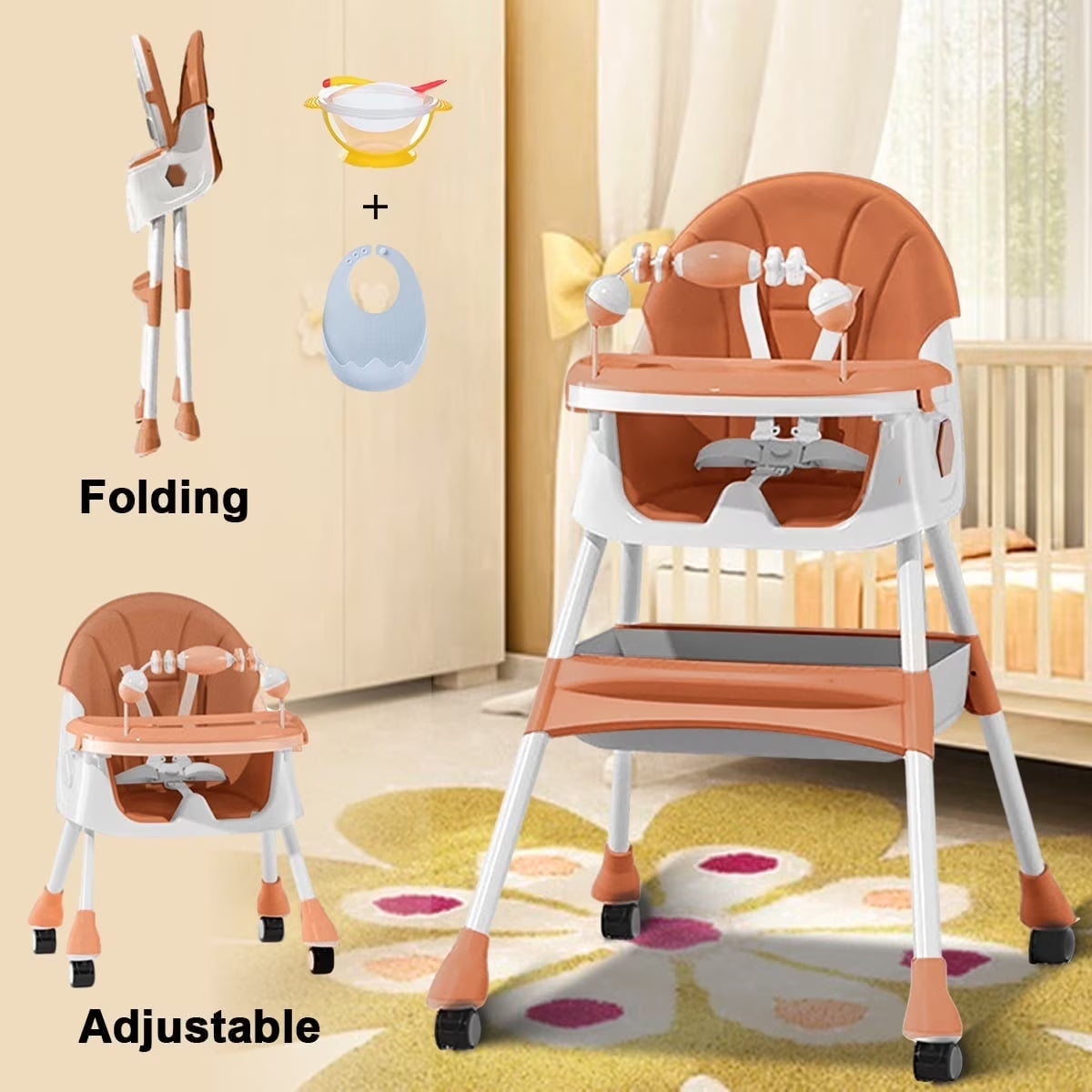4-in-1 Convertible Baby High Chair with Five-Point Safety Harness, Dinner Plate, and Toy Rack - Portable Toddler Dining Chair in Purple