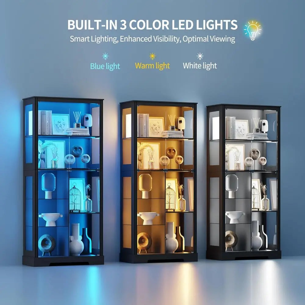 71 Illuminated Glass Curio Cabinet with 3-Color Sensor Lights, 7-Tier Adjustable Shelves, Ideal for Collectibles, Black