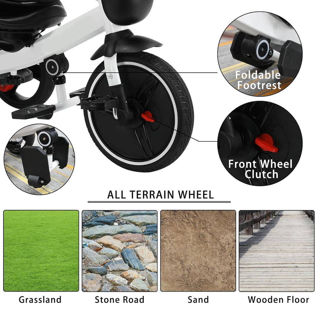6-in-1 Convertible Baby Tricycle with Detachable Guardrail, Adjustable Canopy, Safety Harness, Folding Pedals, Storage Basket, and Shock Absorption System