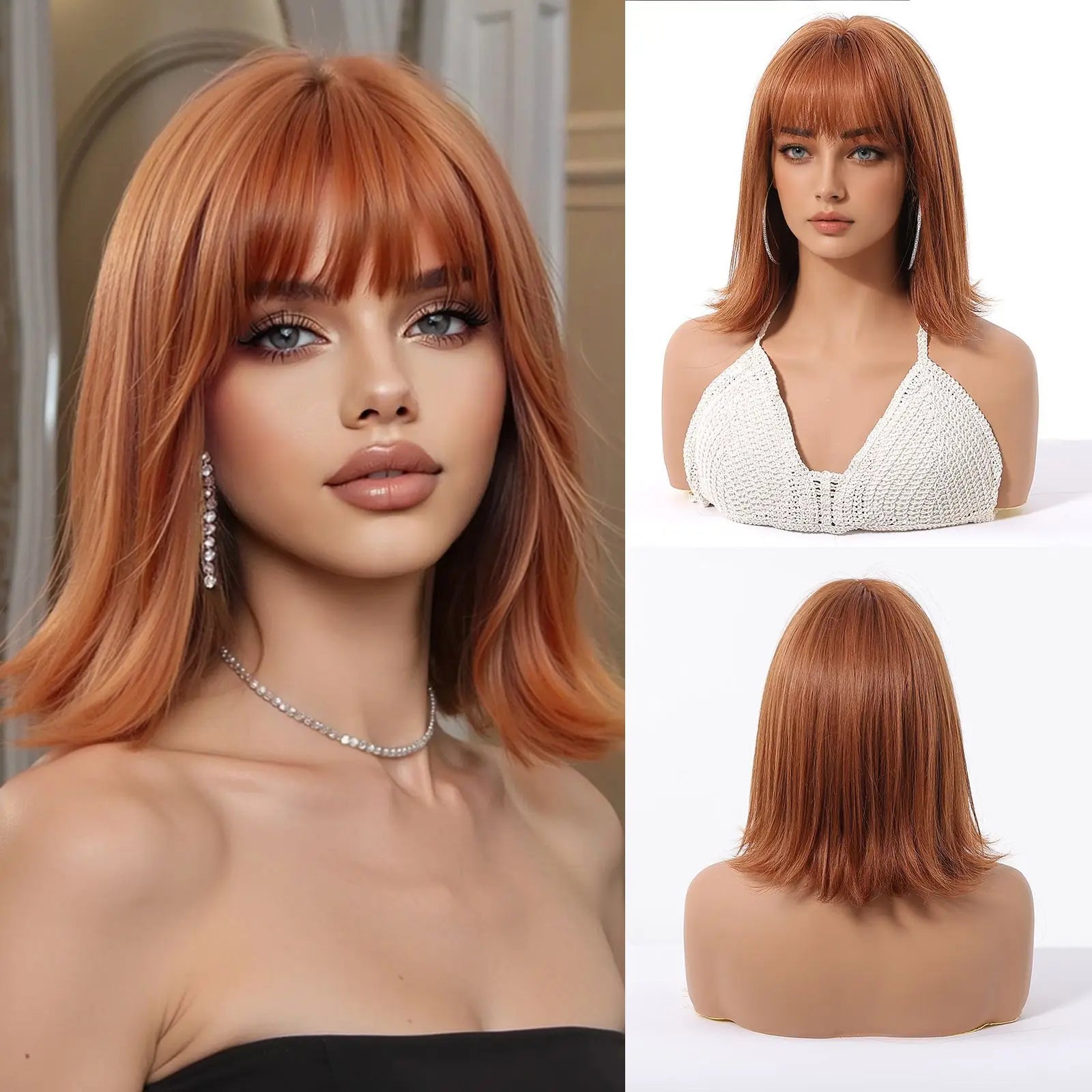 EASIHAIR Synthetic Wigs for Women Ombre Brown Blonde Wigs with Bangs Layered Cosplay Wigs Heat Resistant Medium Length Wig