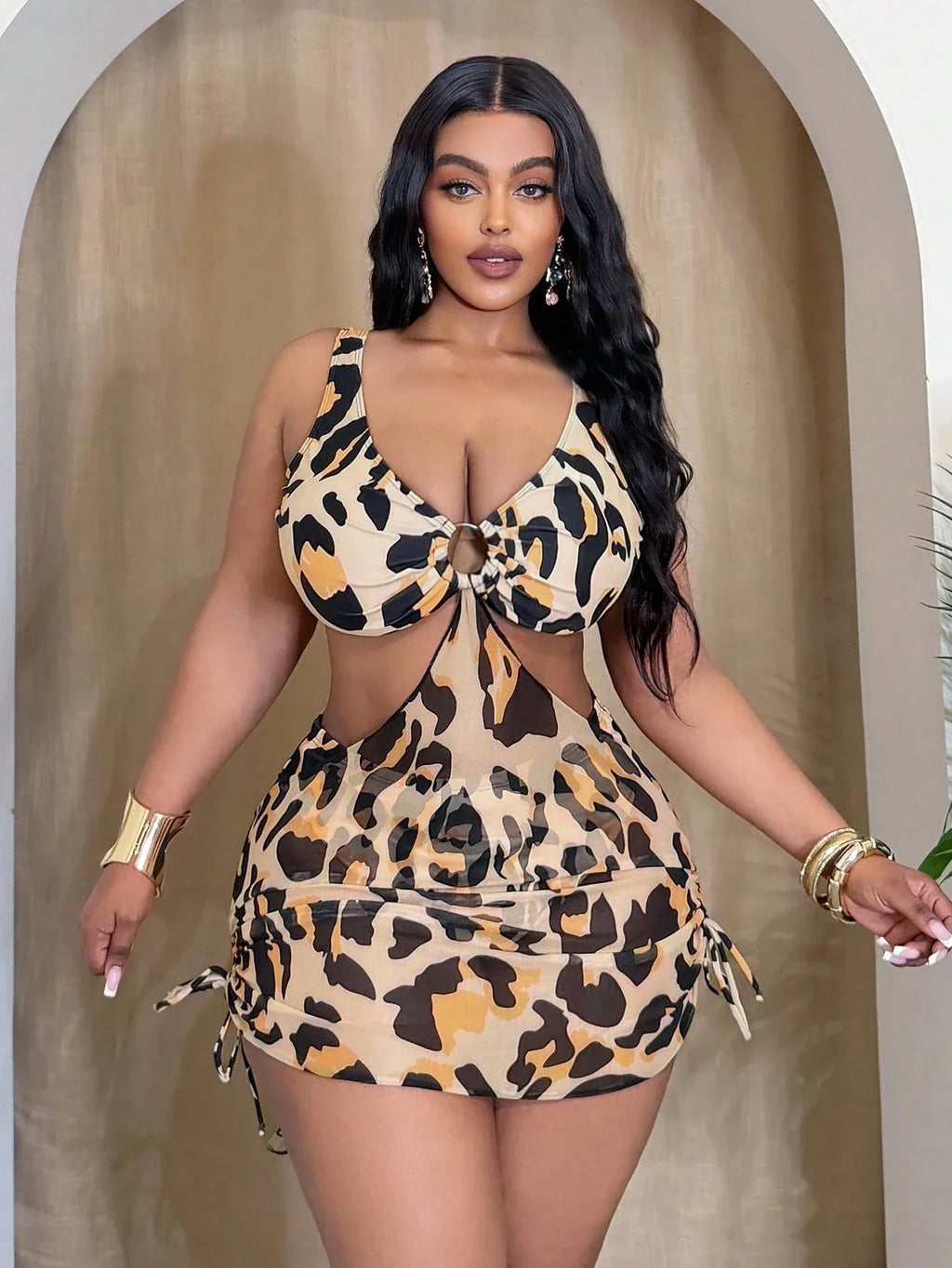 Leopard Print 2-Piece Swimsuit With Front Ring Cutout And Mesh Hem