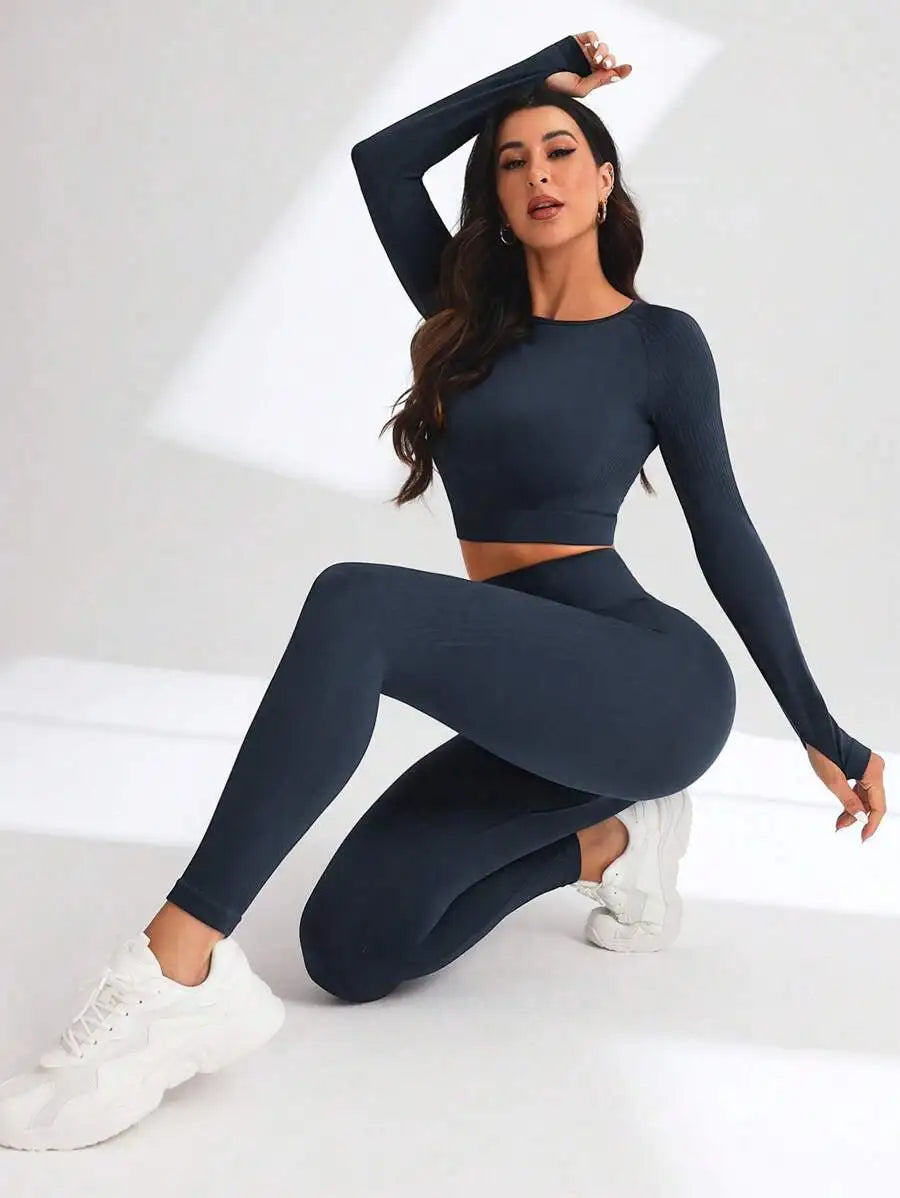 Solid Crop Top And Leggings Set For Women Workout Gym Fitness Outfit