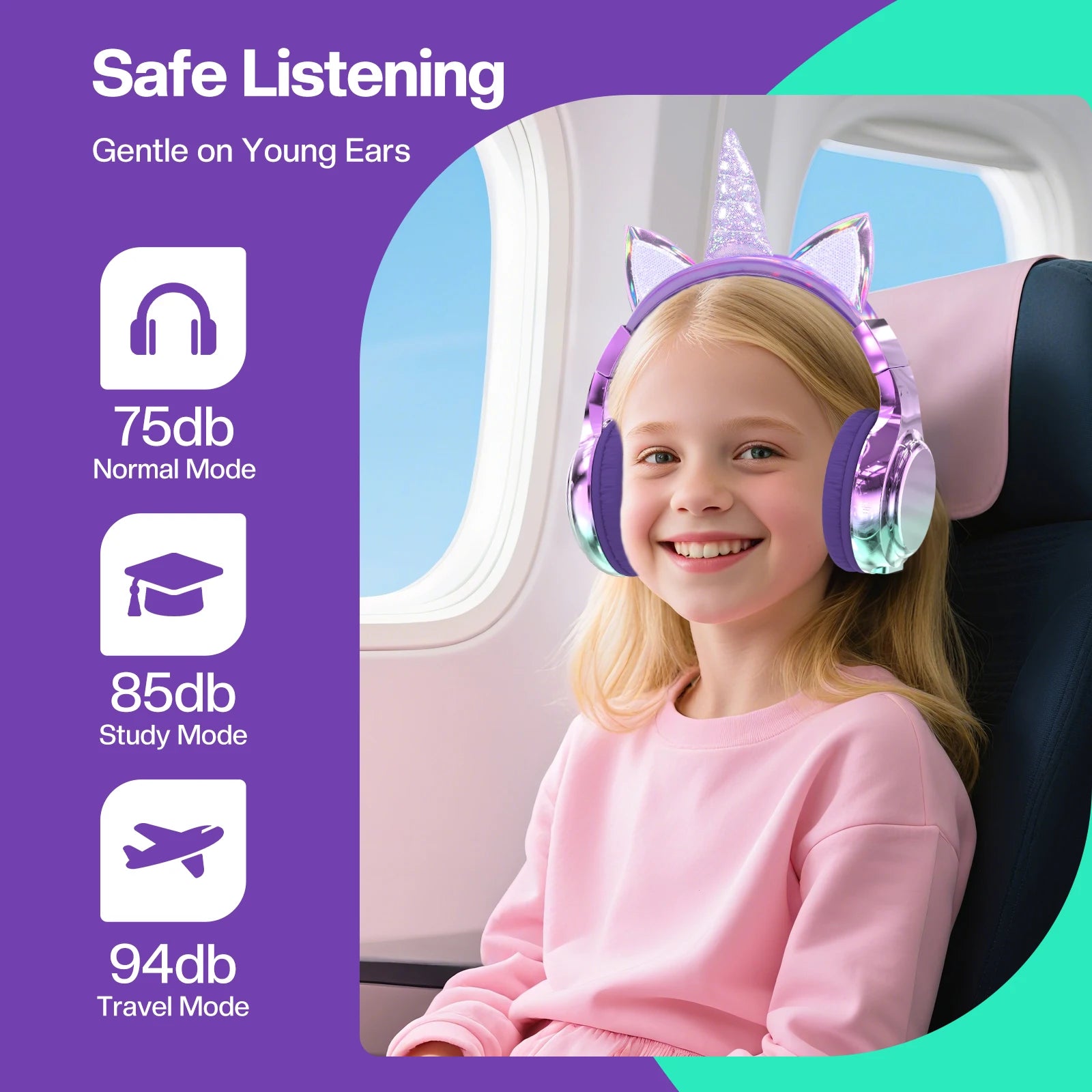 Unicorn Wireless Headphones for Kids Girls Bluetooth Earphones Foldable Cat Ear Headphones for School Travel Children'S Headset