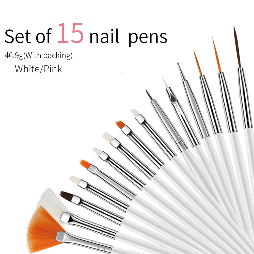 15Pcs Fine Detail Paint Brush Set Acrylic UV Gel Drawing Dotting Manicure Nail Art Design Tools Makeup Accessorie Gel Brush