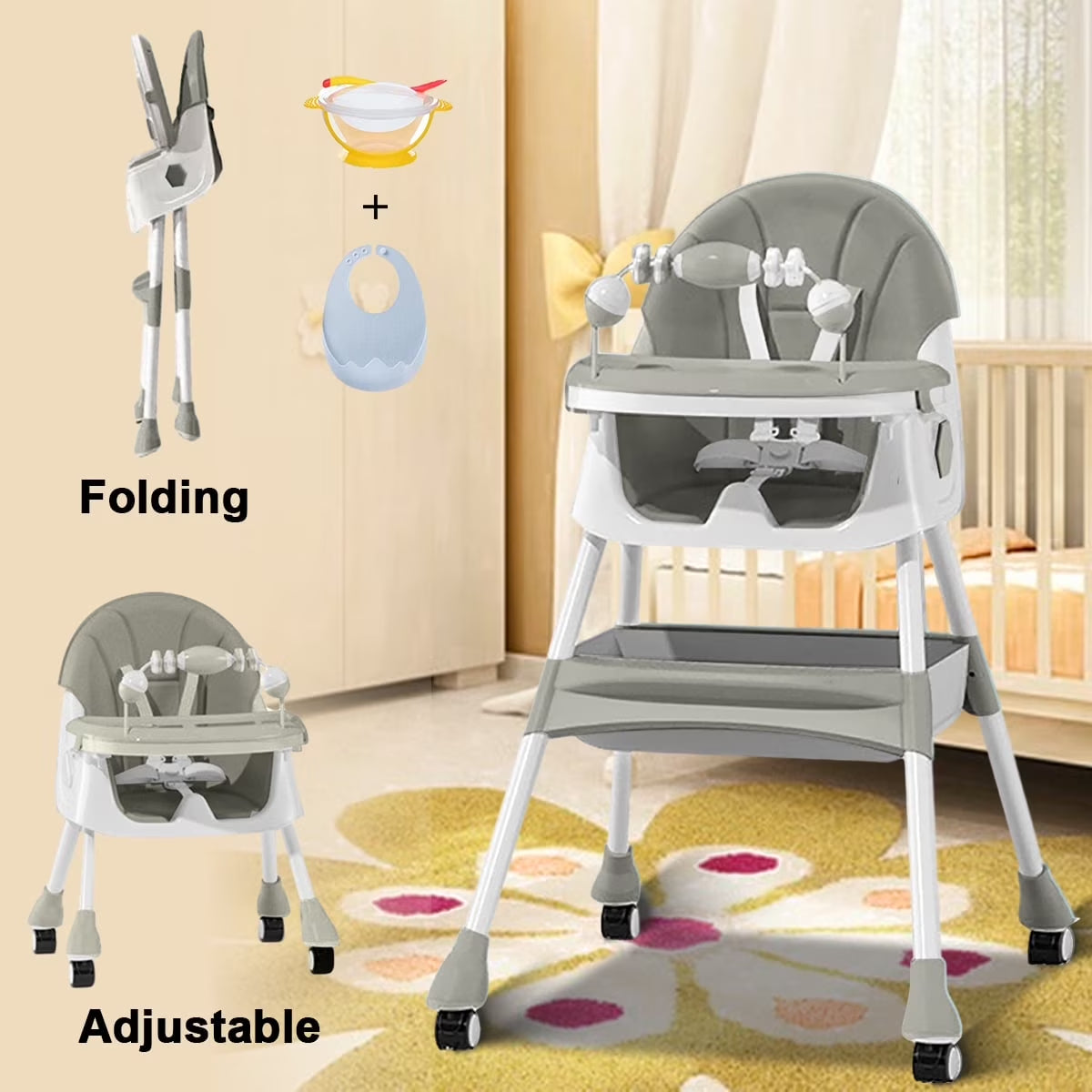 4-in-1 Convertible Baby High Chair with Five-Point Safety Harness, Dinner Plate, and Toy Rack - Portable Toddler Dining Chair in Purple