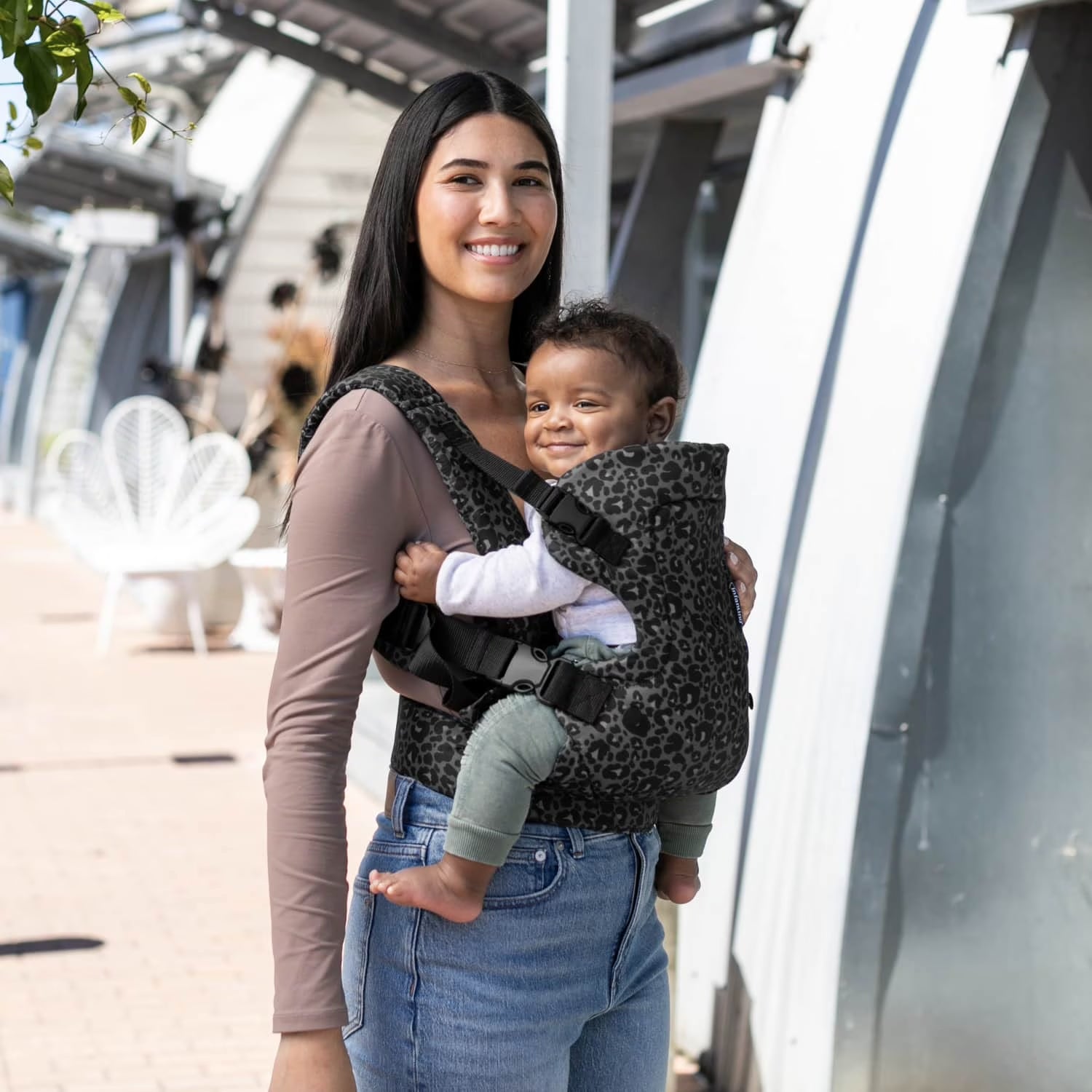 4-in-1 Convertible Baby Carrier - Unisex, 4 Positions, Suitable for Infants 0+ Months, Weight Capacity 8-32 lbs, Black & Gray Leopard Design