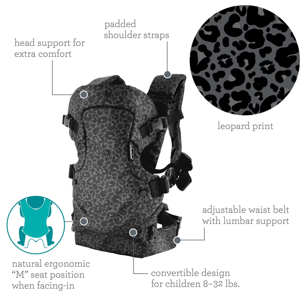 4-in-1 Convertible Baby Carrier - Unisex, 4 Positions, Suitable for Infants 0+ Months, Weight Capacity 8-32 lbs, Black & Gray Leopard Design