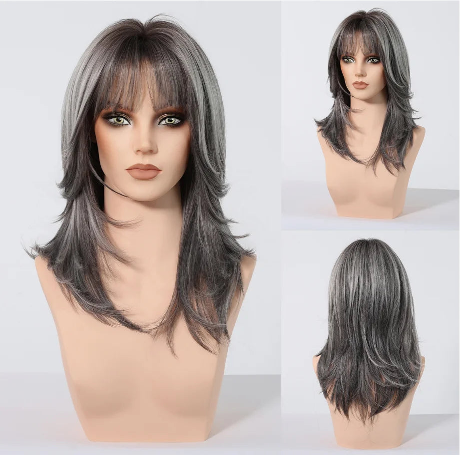EASIHAIR Synthetic Wigs for Women Ombre Brown Blonde Wigs with Bangs Layered Cosplay Wigs Heat Resistant Medium Length Wig