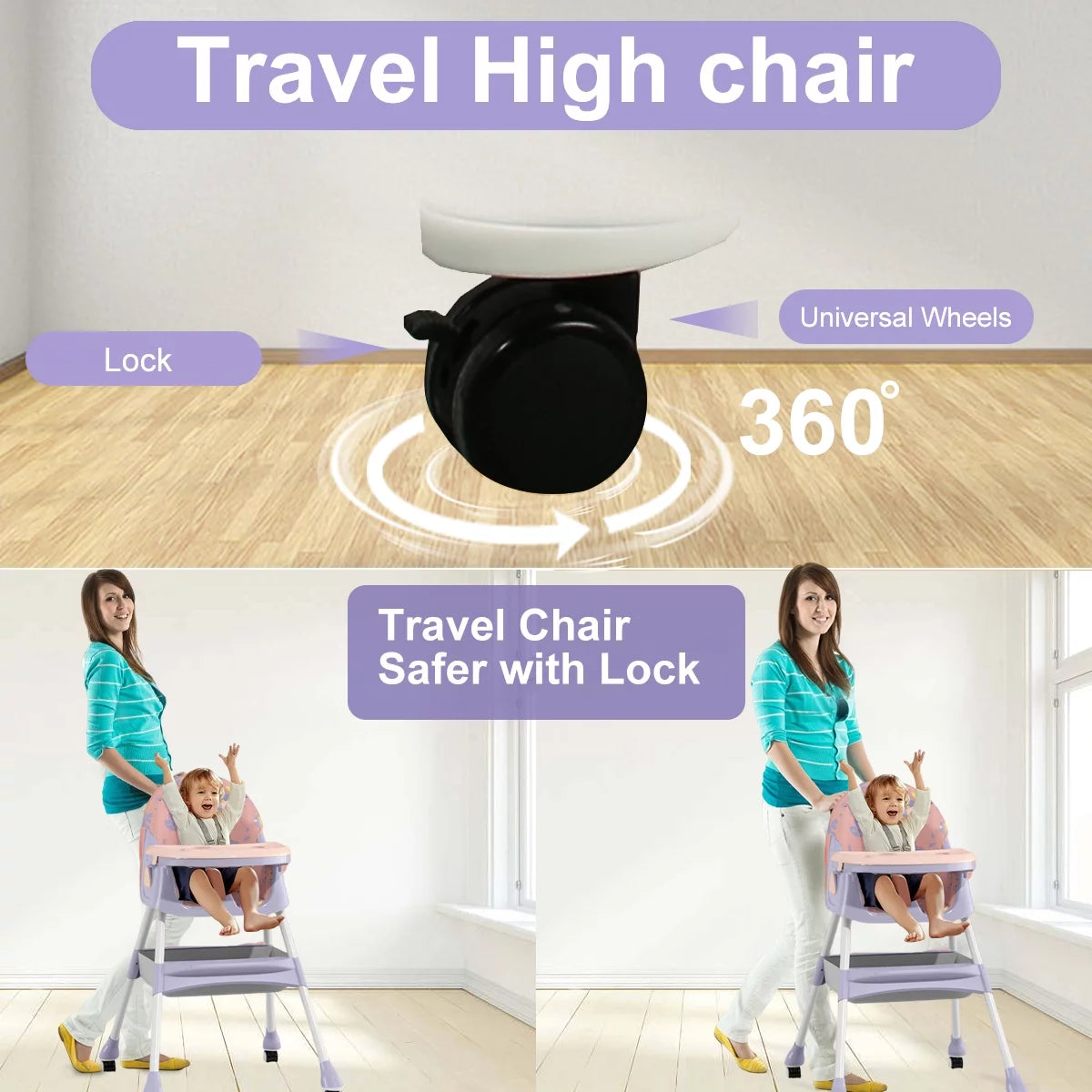 4-in-1 Convertible Baby High Chair with Five-Point Safety Harness, Dinner Plate, and Toy Rack - Portable Toddler Dining Chair in Purple