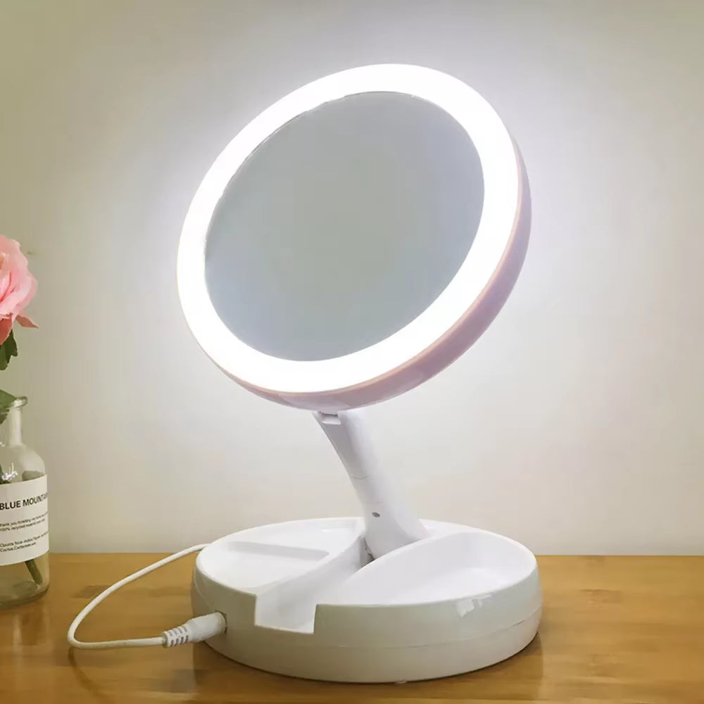 Dry Battery/Usb Dual Purpose Double-Sided Mirror LED Makeup Mirror Portable Makeup Mirror Makeup Light with 10Xmagnification