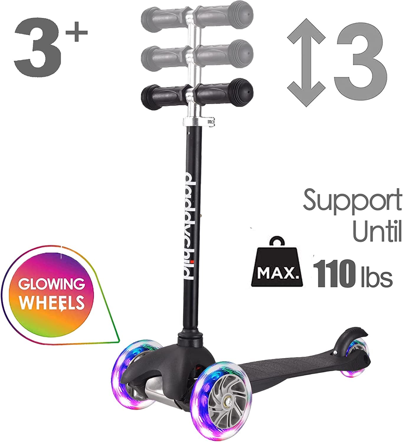 3-Wheel Kick Scooter for Children Ages 3-8 with Lean-to-Steer Design, Extra Wide Light-Up Wheels, 4 Adjustable Heights, and Foldable Feature, Supporting Up to 110 lbs