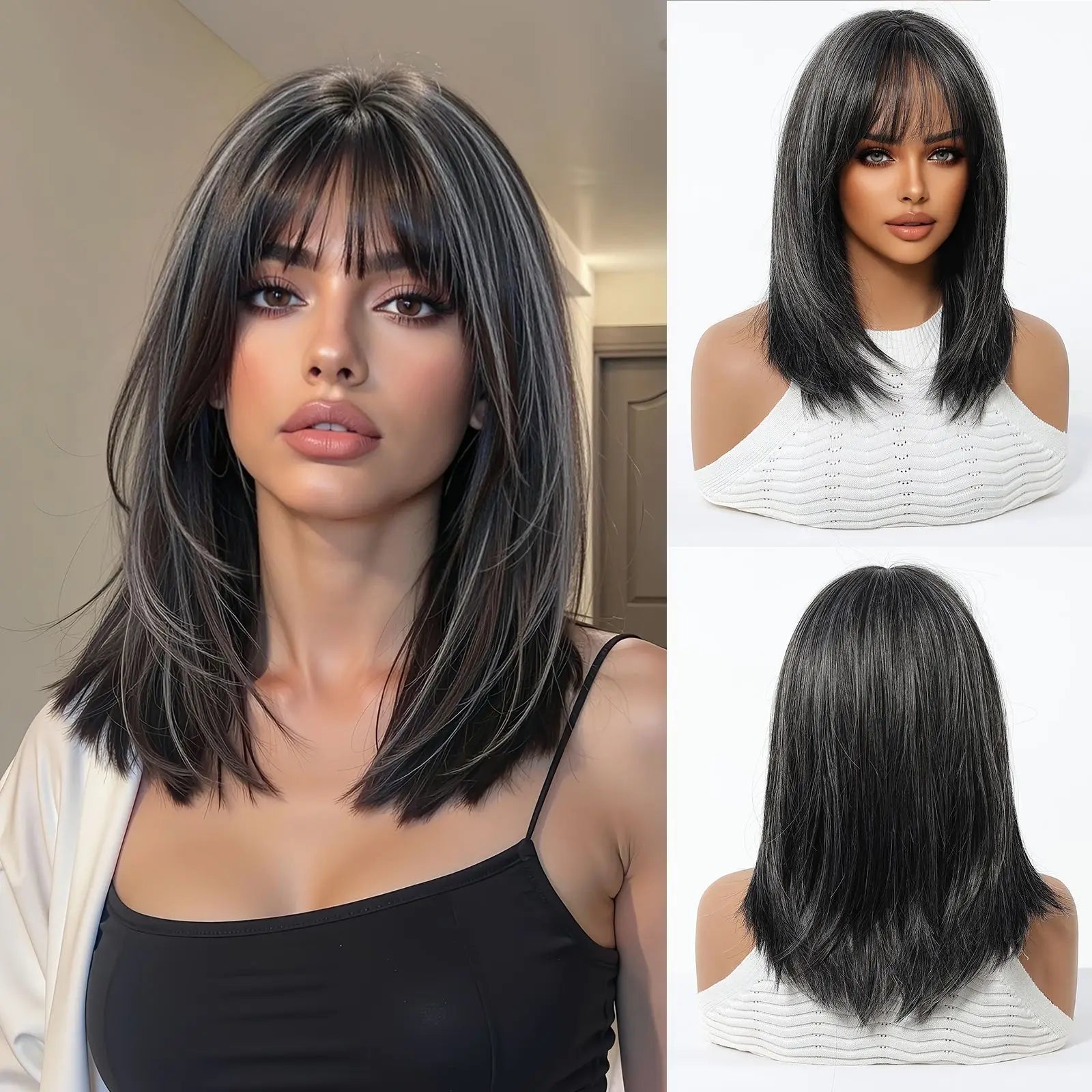 EASIHAIR Synthetic Wigs for Women Ombre Brown Blonde Wigs with Bangs Layered Cosplay Wigs Heat Resistant Medium Length Wig