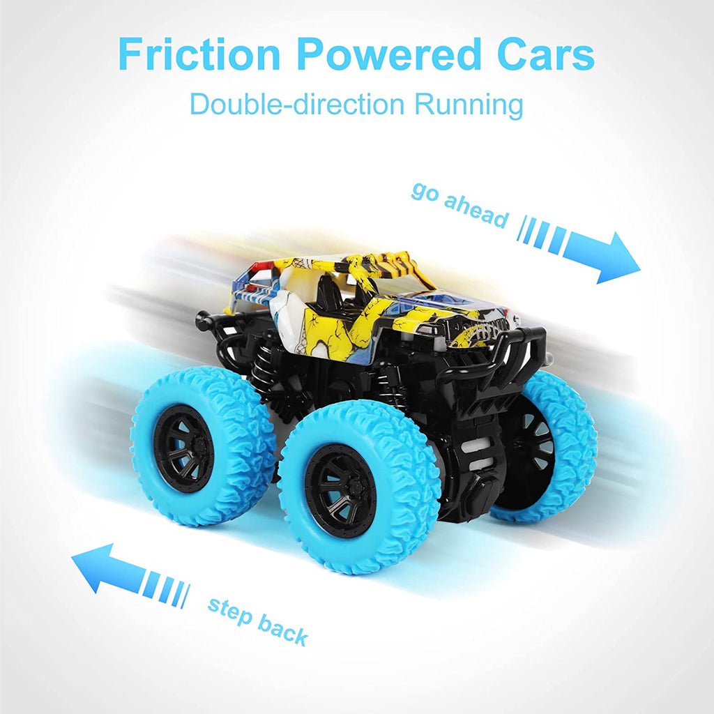 Monster Truck Toys for Children Ages 2-4, Friction-Powered Stunt Cars for Toddlers 1-3, 360° Rotating Push-and-Go Vehicles (2-Pack - Blue and Green)
