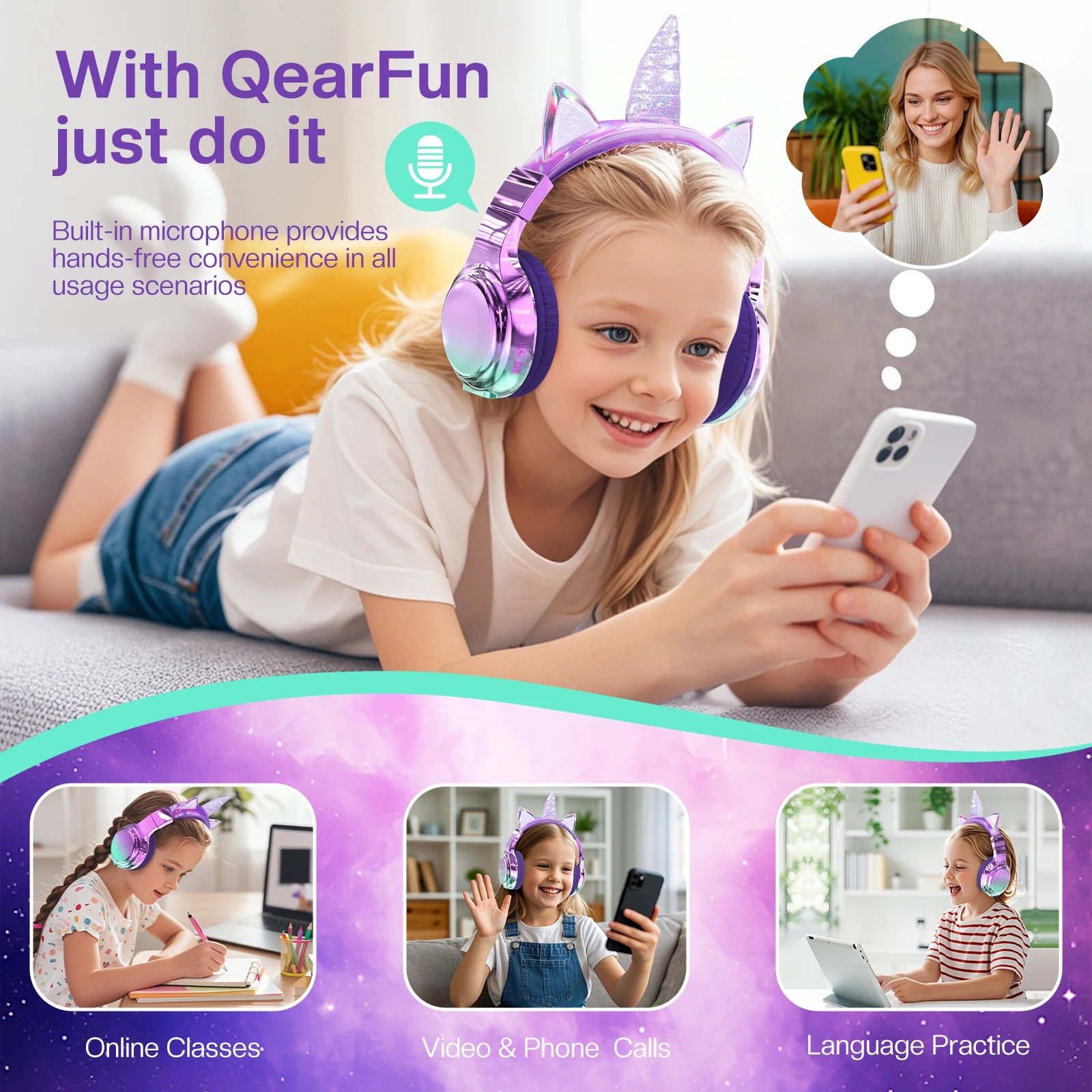 Unicorn Wireless Headphones for Kids Girls Bluetooth Earphones Foldable Cat Ear Headphones for School Travel Children'S Headset