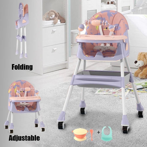 4-in-1 Convertible Baby High Chair with Five-Point Safety Harness, Dinner Plate, and Toy Rack - Portable Toddler Dining Chair in Purple