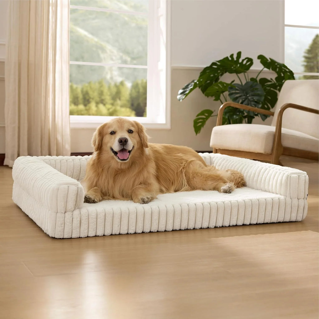 Luxurious Orthopedic Dog Bed for Extra Large Dogs - Waterproof Memory Foam with Cozy Bolster and Washable Corduroy Cover in Cream