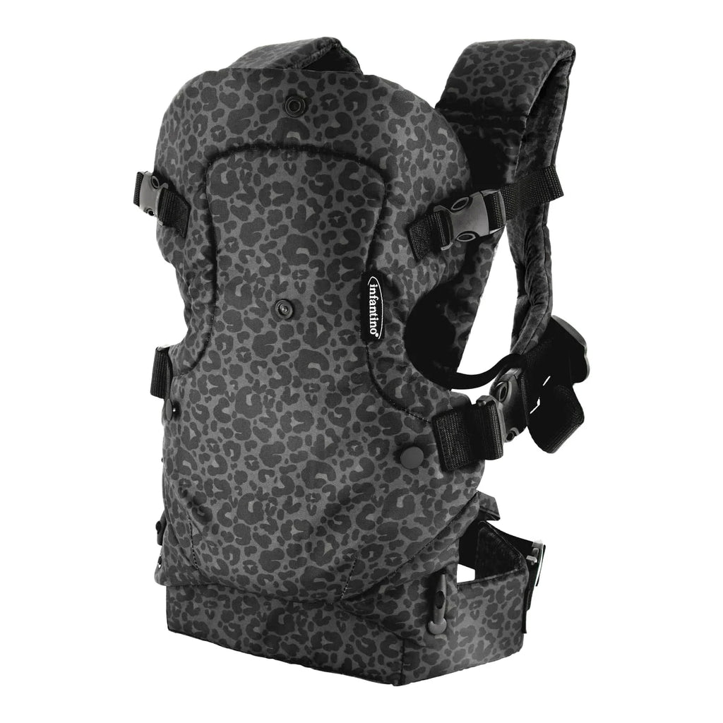 4-in-1 Convertible Baby Carrier - Unisex, 4 Positions, Suitable for Infants 0+ Months, Weight Capacity 8-32 lbs, Black & Gray Leopard Design