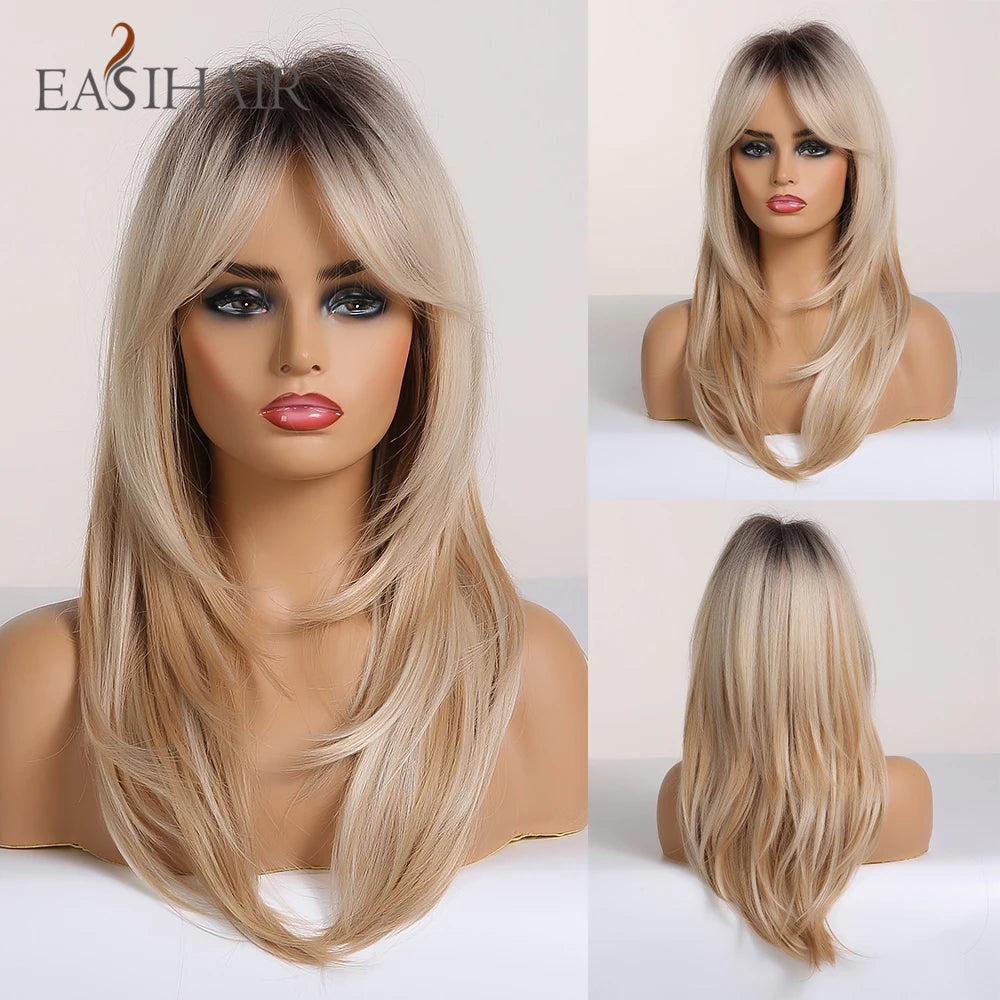EASIHAIR Synthetic Wigs for Women Ombre Brown Blonde Wigs with Bangs Layered Cosplay Wigs Heat Resistant Medium Length Wig