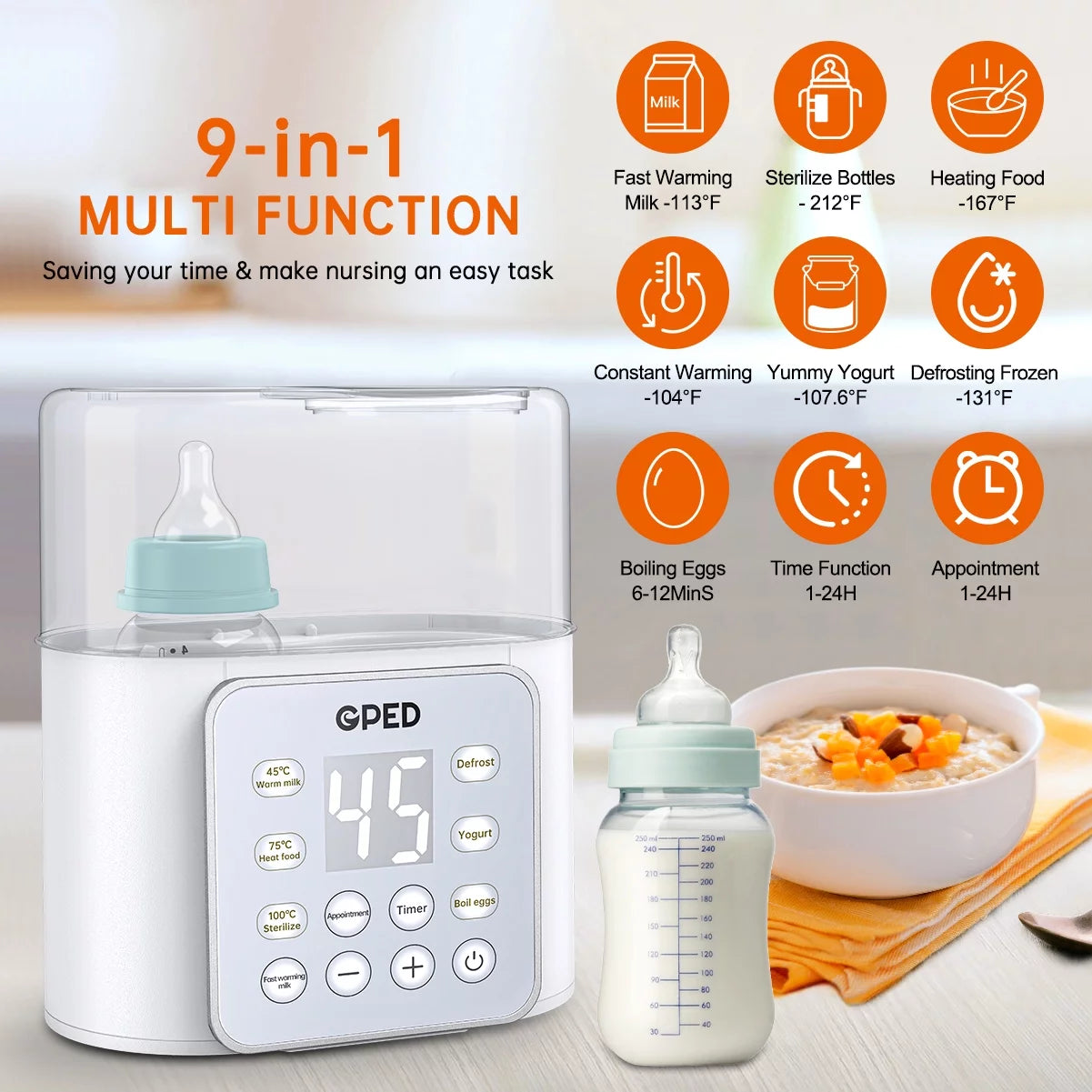 9-In-1 Baby Bottle Warmer and Food Heater with Timer, Double Bottle Capacity, BPA-Free, Accurate Temperature Control for Breastmilk and Formula, LCD Display