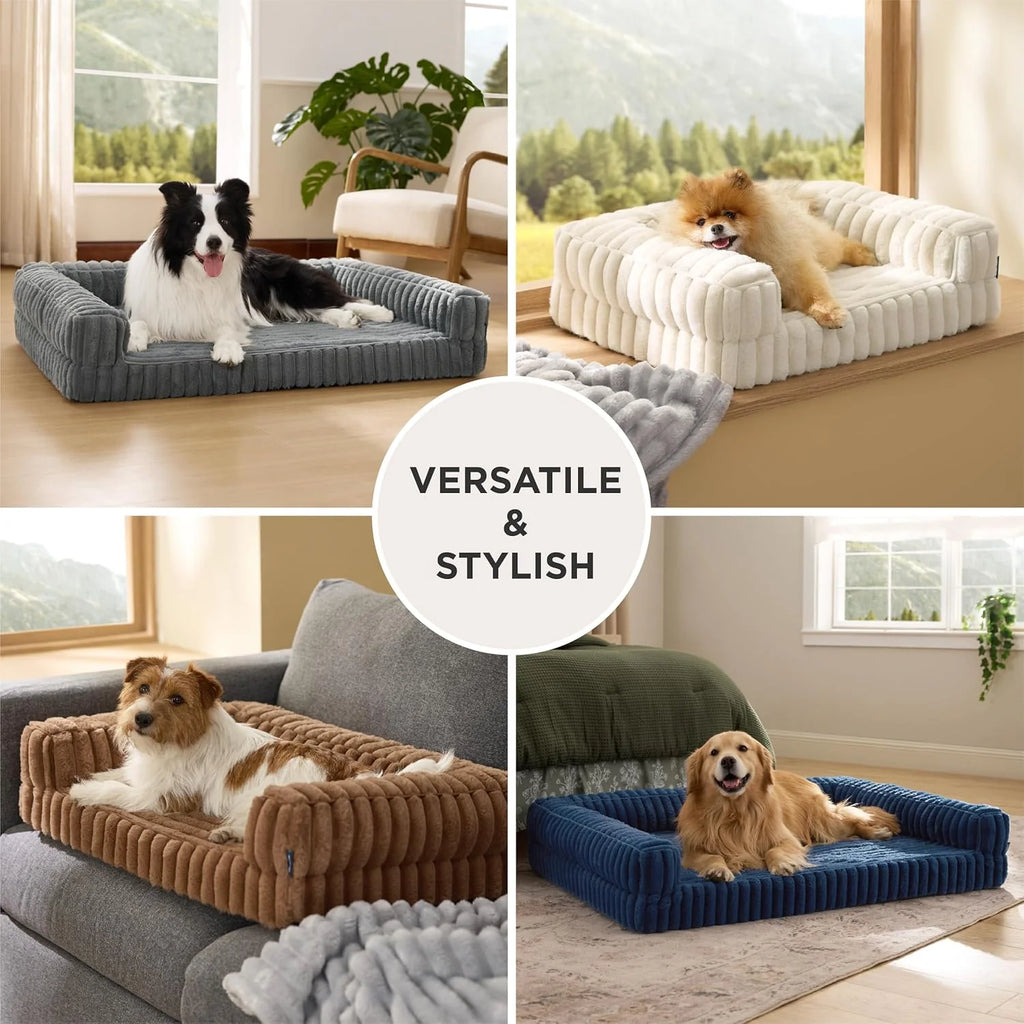 Luxurious Orthopedic Dog Bed for Extra Large Dogs - Waterproof Memory Foam with Cozy Bolster and Washable Corduroy Cover in Cream