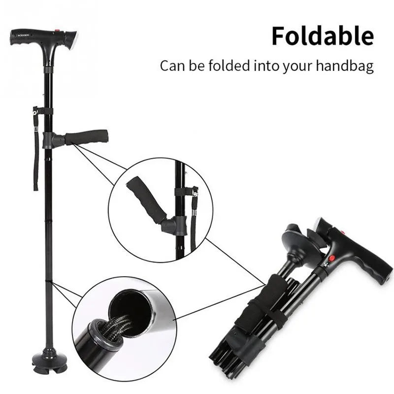 Foldable Telescopic Folding Walking Stickelderly Walking Aidtelescopic Foldable Rotating LED Lights Four Legs Walking Stick