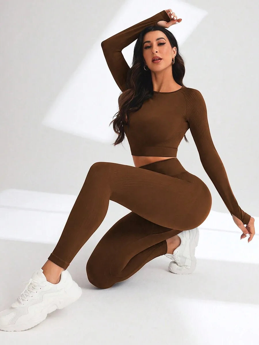 Solid Crop Top And Leggings Set For Women Workout Gym Fitness Outfit