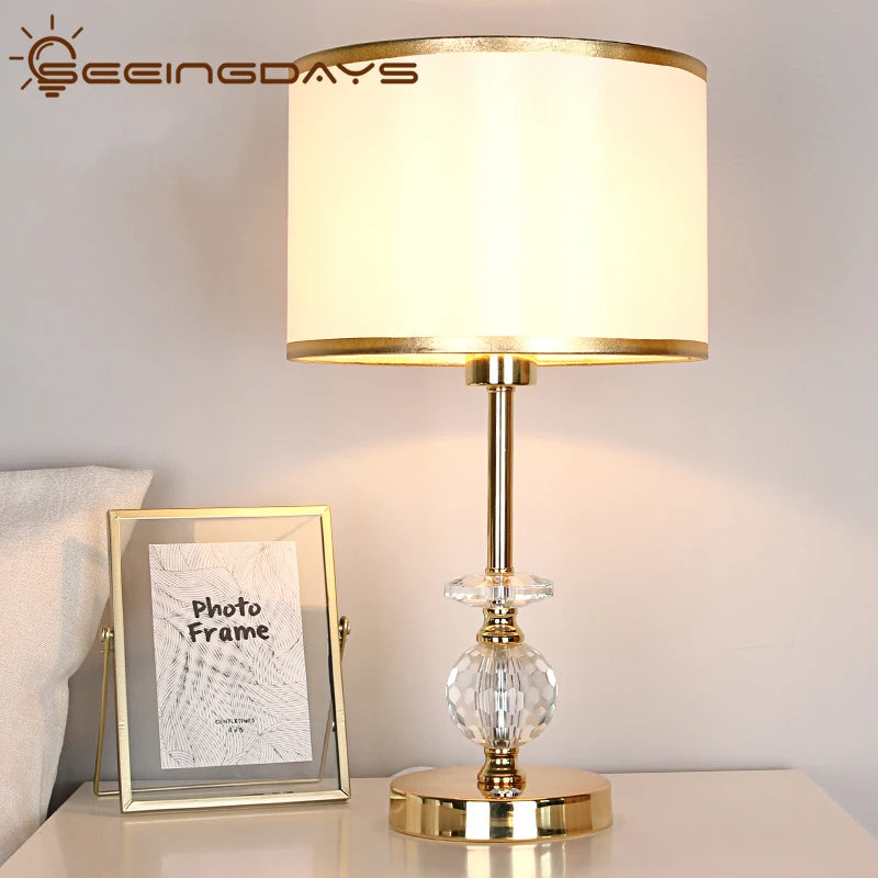 Seeingdays Golden Edge Lampshade Ball Crystal Table Lamp for Bedroom Living Room Bedside Lamp Modern European Crystal Lamp E27