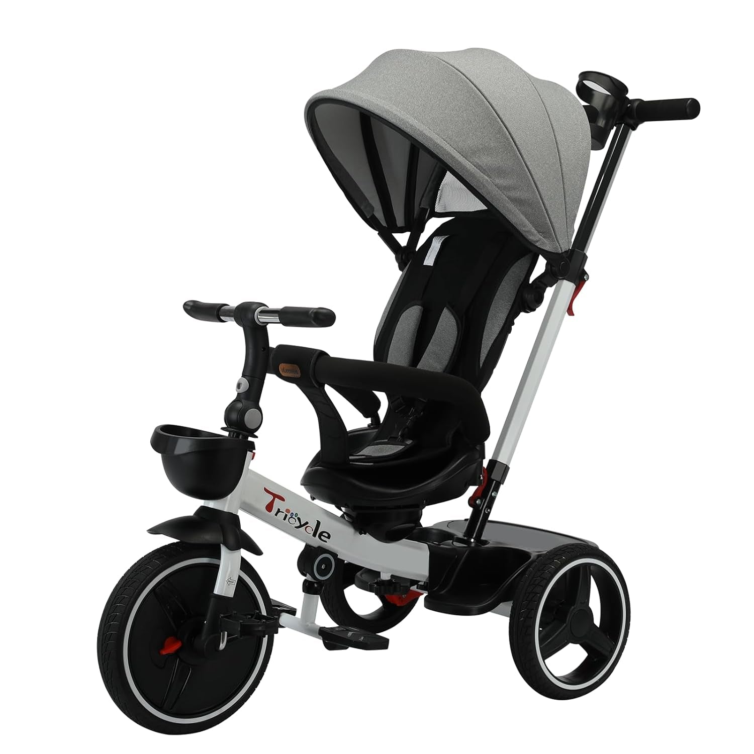 6-in-1 Convertible Baby Tricycle with Detachable Guardrail, Adjustable Canopy, Safety Harness, Folding Pedals, Storage Basket, and Shock Absorption System