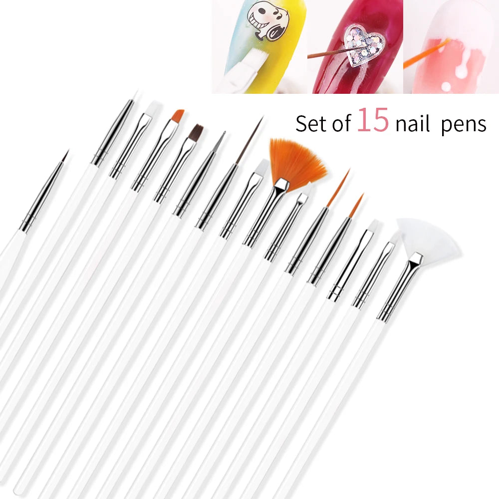 15Pcs Fine Detail Paint Brush Set Acrylic UV Gel Drawing Dotting Manicure Nail Art Design Tools Makeup Accessorie Gel Brush