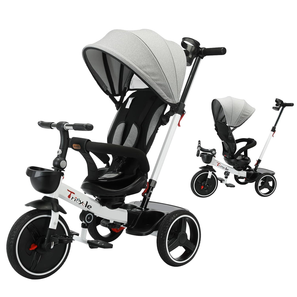 6-in-1 Convertible Baby Tricycle with Detachable Guardrail, Adjustable Canopy, Safety Harness, Folding Pedals, Storage Basket, and Shock Absorption System
