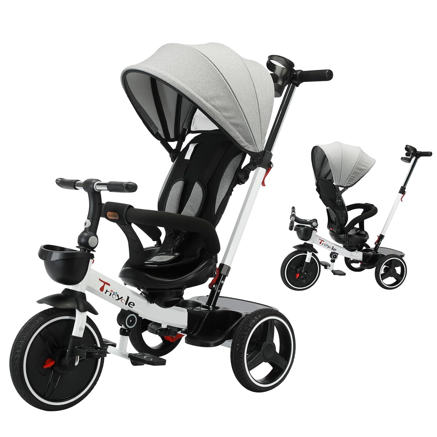 6-in-1 Convertible Baby Tricycle with Detachable Guardrail, Adjustable Canopy, Safety Harness, Folding Pedals, Storage Basket, and Shock Absorption System
