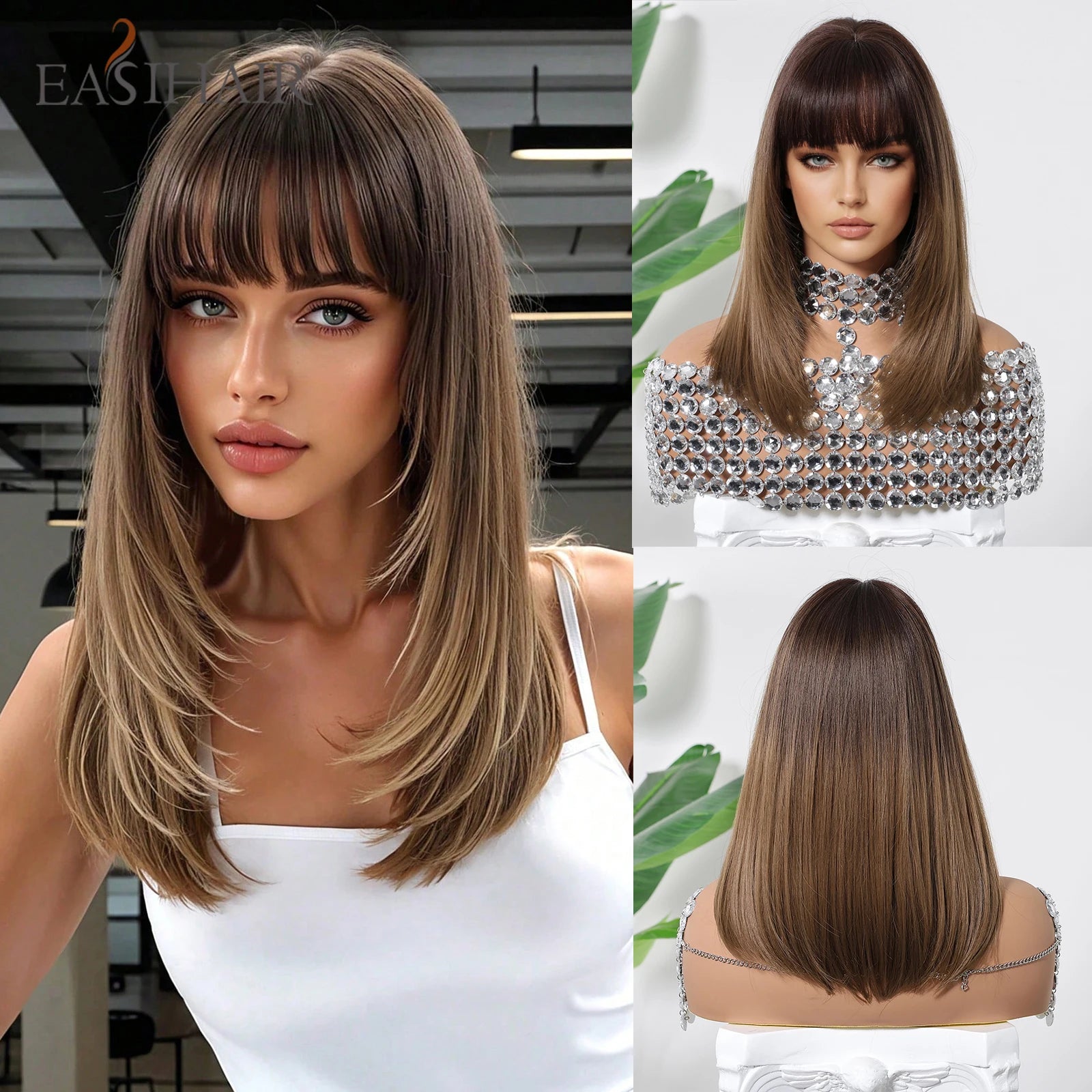 EASIHAIR Synthetic Wigs for Women Ombre Brown Blonde Wigs with Bangs Layered Cosplay Wigs Heat Resistant Medium Length Wig