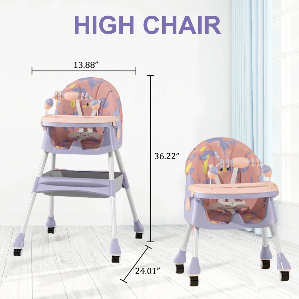 4-in-1 Convertible Baby High Chair with Five-Point Safety Harness, Dinner Plate, and Toy Rack - Portable Toddler Dining Chair in Purple