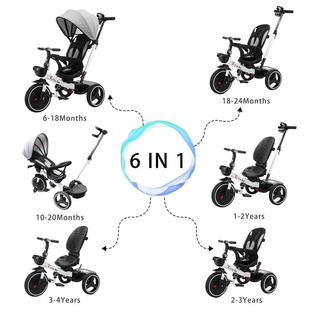 6-in-1 Convertible Baby Tricycle with Detachable Guardrail, Adjustable Canopy, Safety Harness, Folding Pedals, Storage Basket, and Shock Absorption System