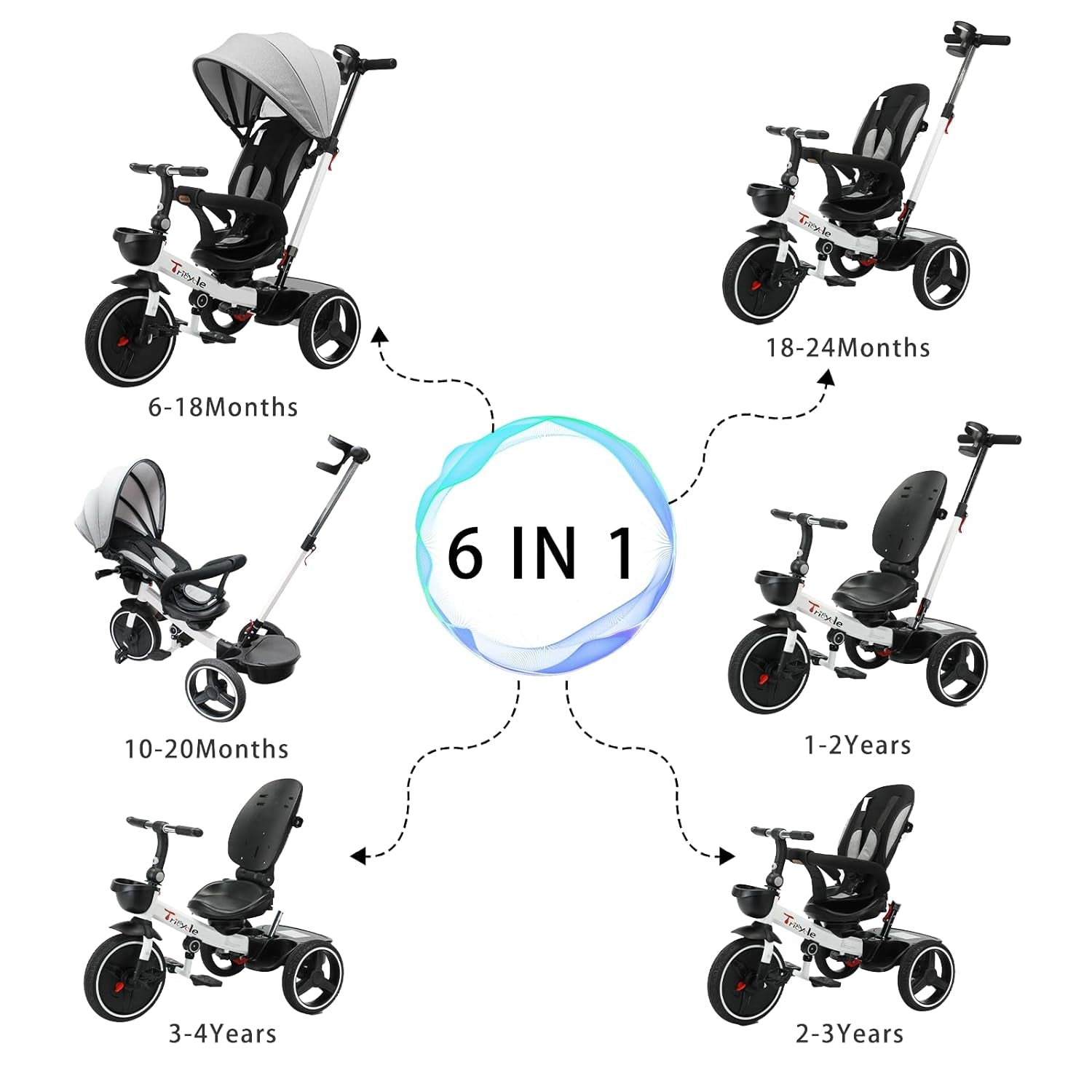 6-in-1 Convertible Baby Tricycle with Detachable Guardrail, Adjustable Canopy, Safety Harness, Folding Pedals, Storage Basket, and Shock Absorption System