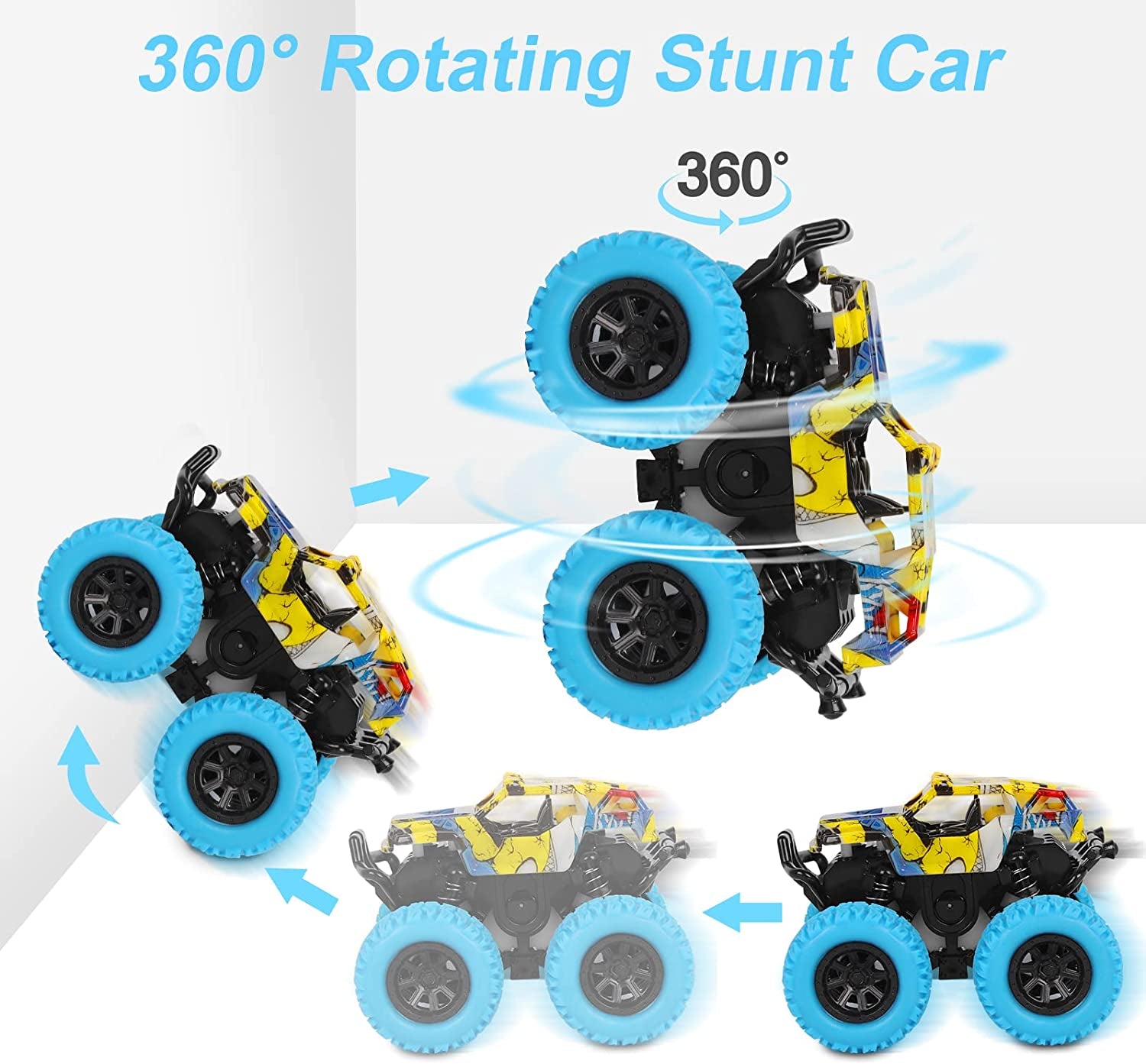 Monster Truck Toys for Children Ages 2-4, Friction-Powered Stunt Cars for Toddlers 1-3, 360° Rotating Push-and-Go Vehicles (2-Pack - Blue and Green)