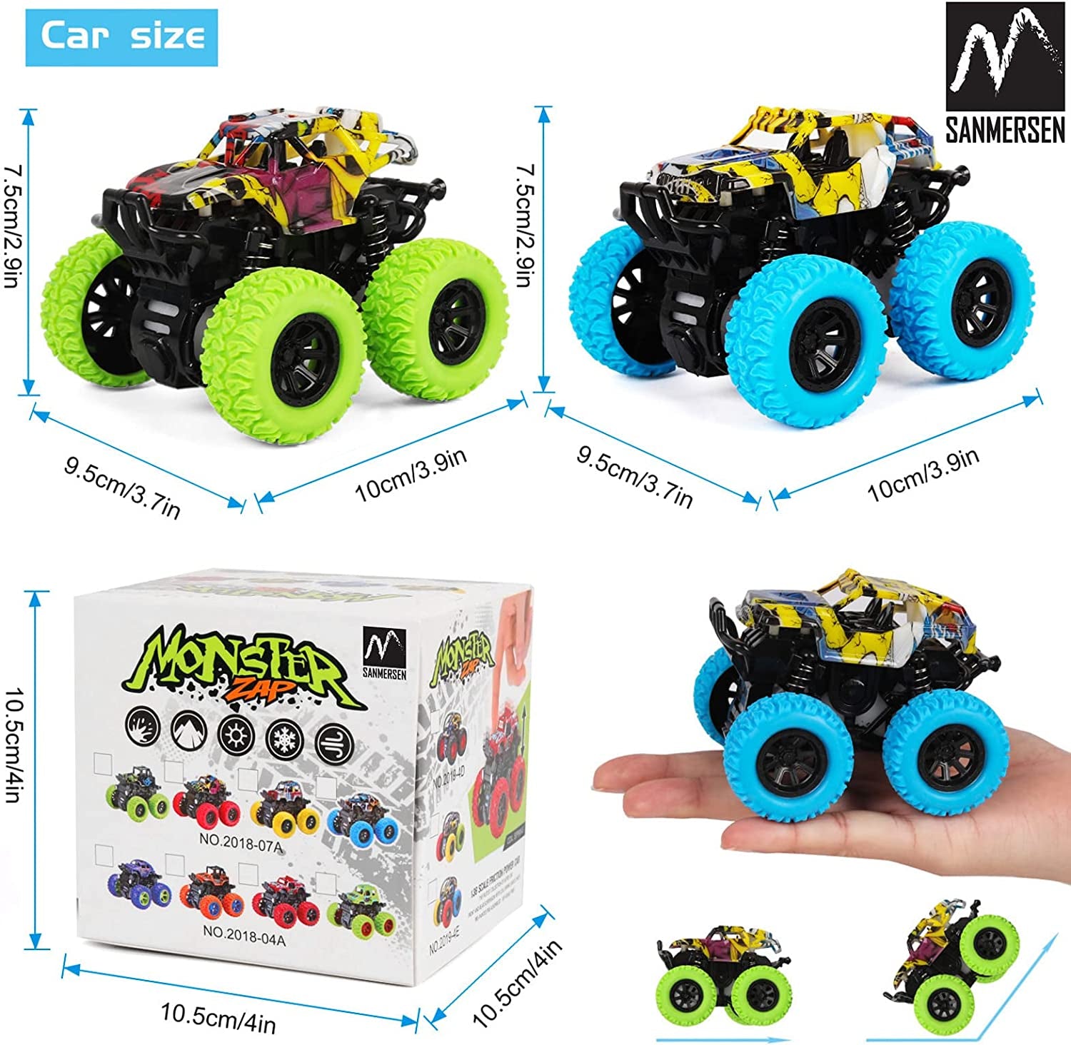 Monster Truck Toys for Children Ages 2-4, Friction-Powered Stunt Cars for Toddlers 1-3, 360° Rotating Push-and-Go Vehicles (2-Pack - Blue and Green)