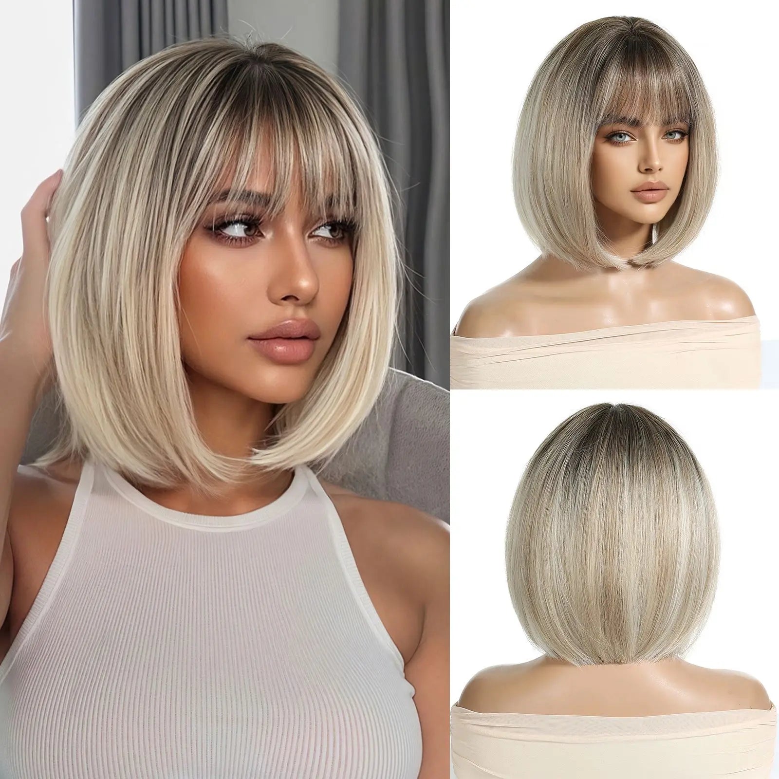 EASIHAIR Synthetic Wigs for Women Ombre Brown Blonde Wigs with Bangs Layered Cosplay Wigs Heat Resistant Medium Length Wig
