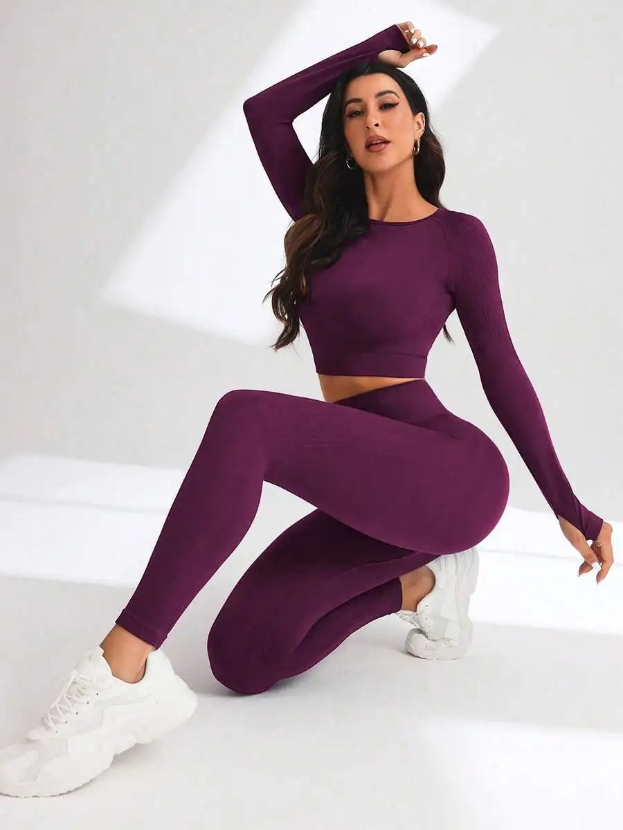 Solid Crop Top And Leggings Set For Women Workout Gym Fitness Outfit