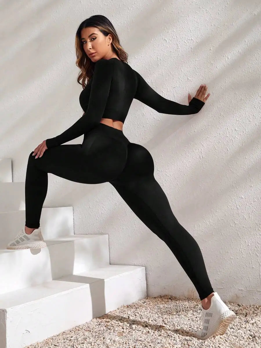 Solid Crop Top And Leggings Set For Women Workout Gym Fitness Outfit
