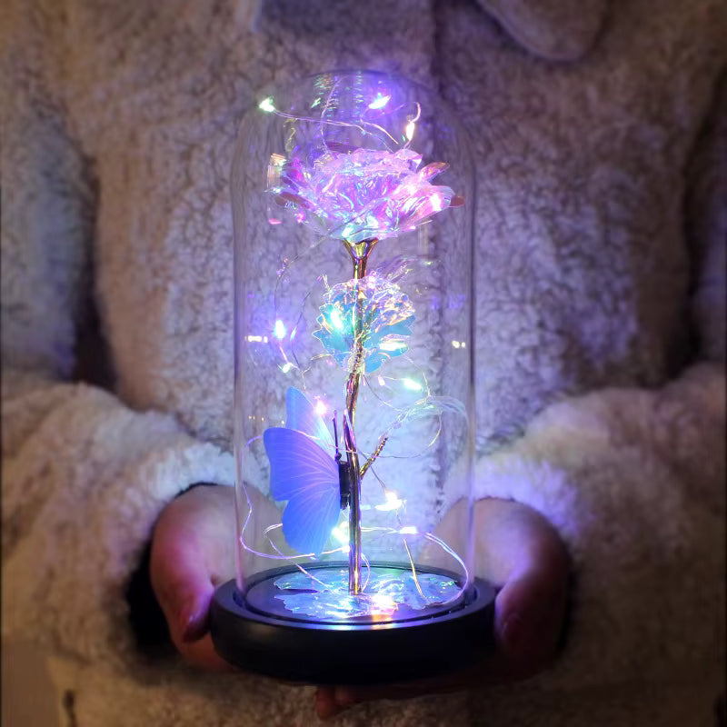 HOT Red Rose with LED Light in Glass Dome Rose in Flask Beauty and the Beast for Wedding Party Decoration Anniversary Lover Gift
