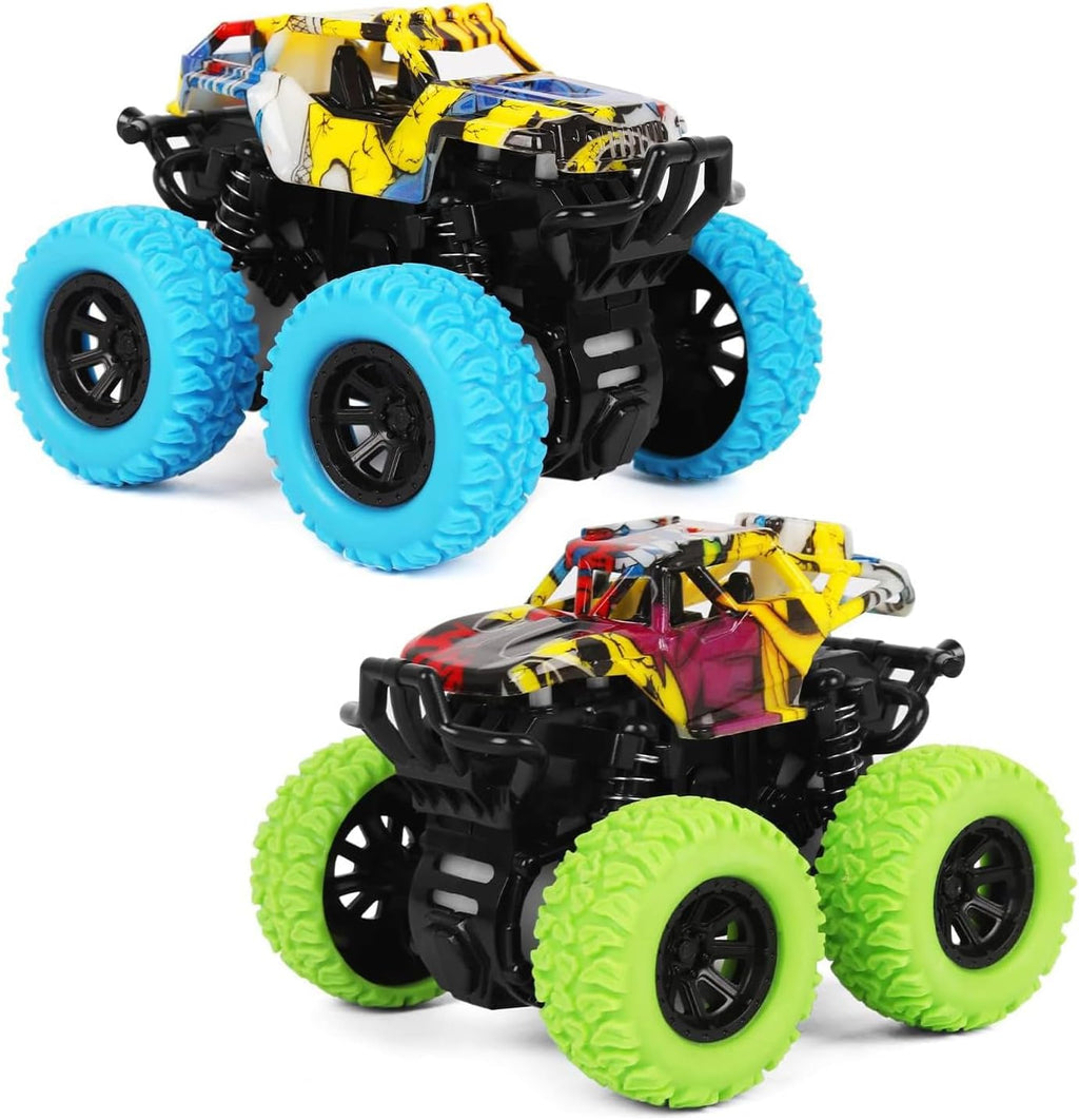 Monster Truck Toys for Children Ages 2-4, Friction-Powered Stunt Cars for Toddlers 1-3, 360° Rotating Push-and-Go Vehicles (2-Pack - Blue and Green)