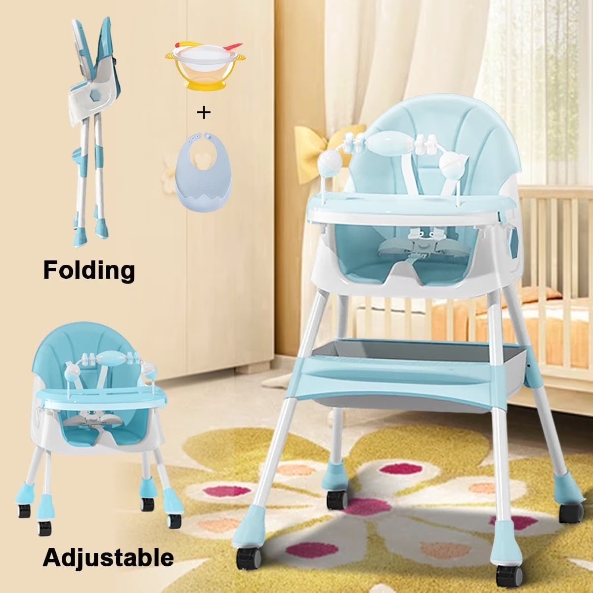 4-in-1 Convertible Baby High Chair with Five-Point Safety Harness, Dinner Plate, and Toy Rack - Portable Toddler Dining Chair in Purple
