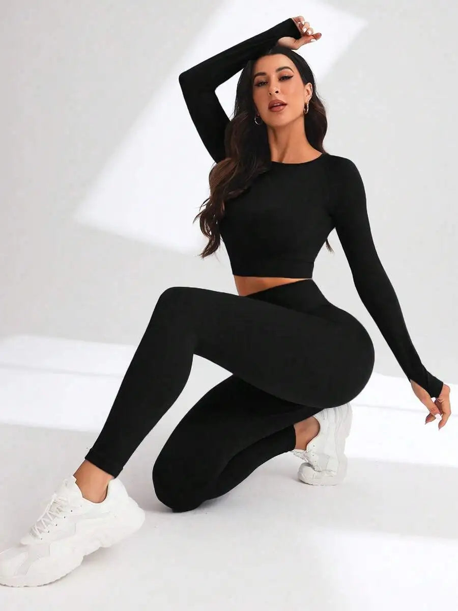 Solid Crop Top And Leggings Set For Women Workout Gym Fitness Outfit