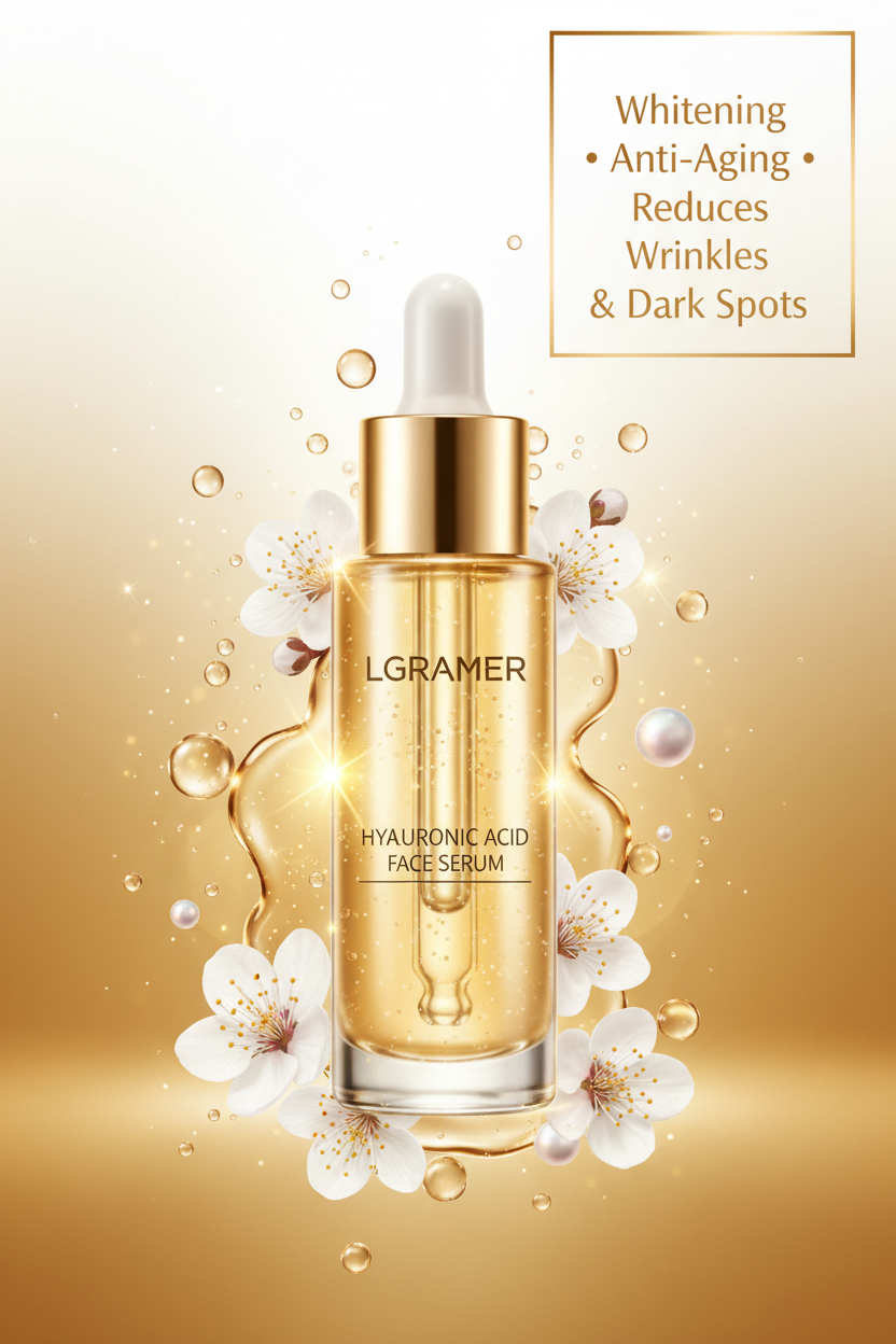 LGRAMER Hyaluronic Acid Face Serum - Golden Combination for Whitening and Anti-Aging, Reduces Wrinkles and Dark Spots